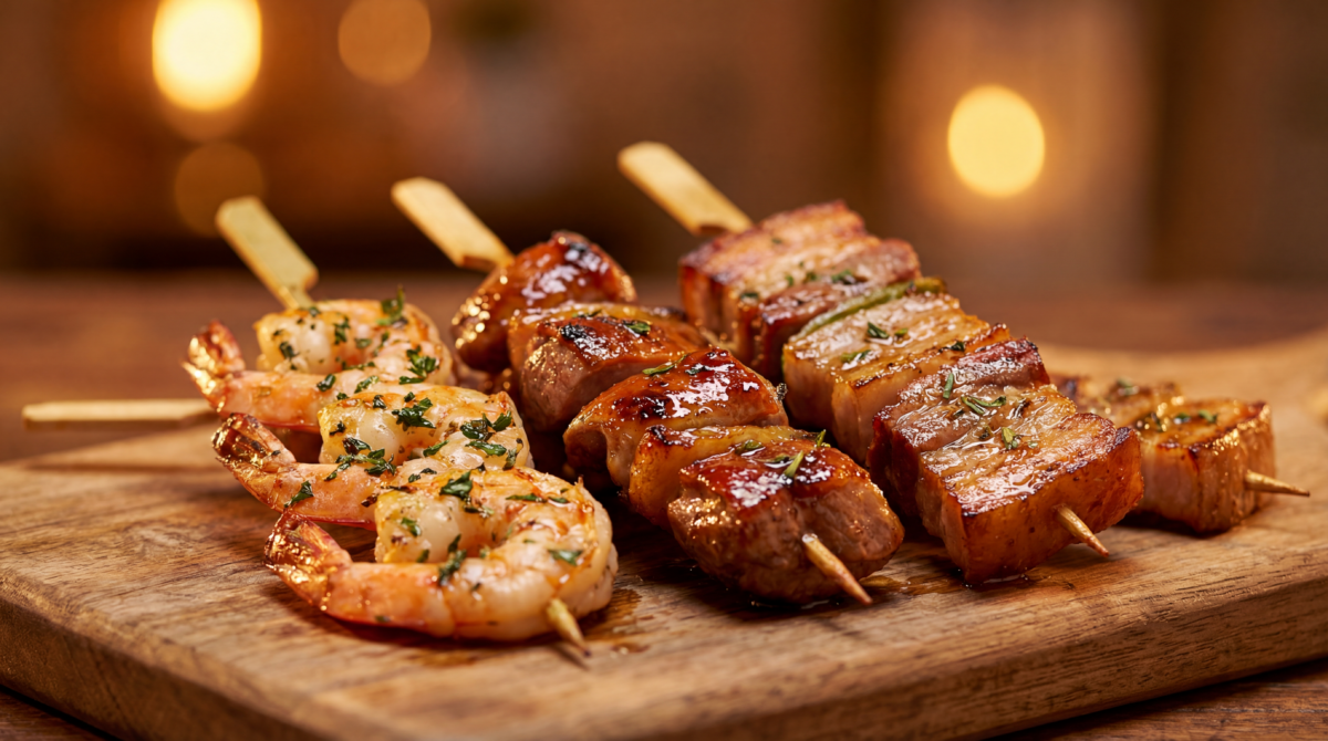 Ce trio de brochettes crevettes, canard et porc change complètement l’apéro des fêtes