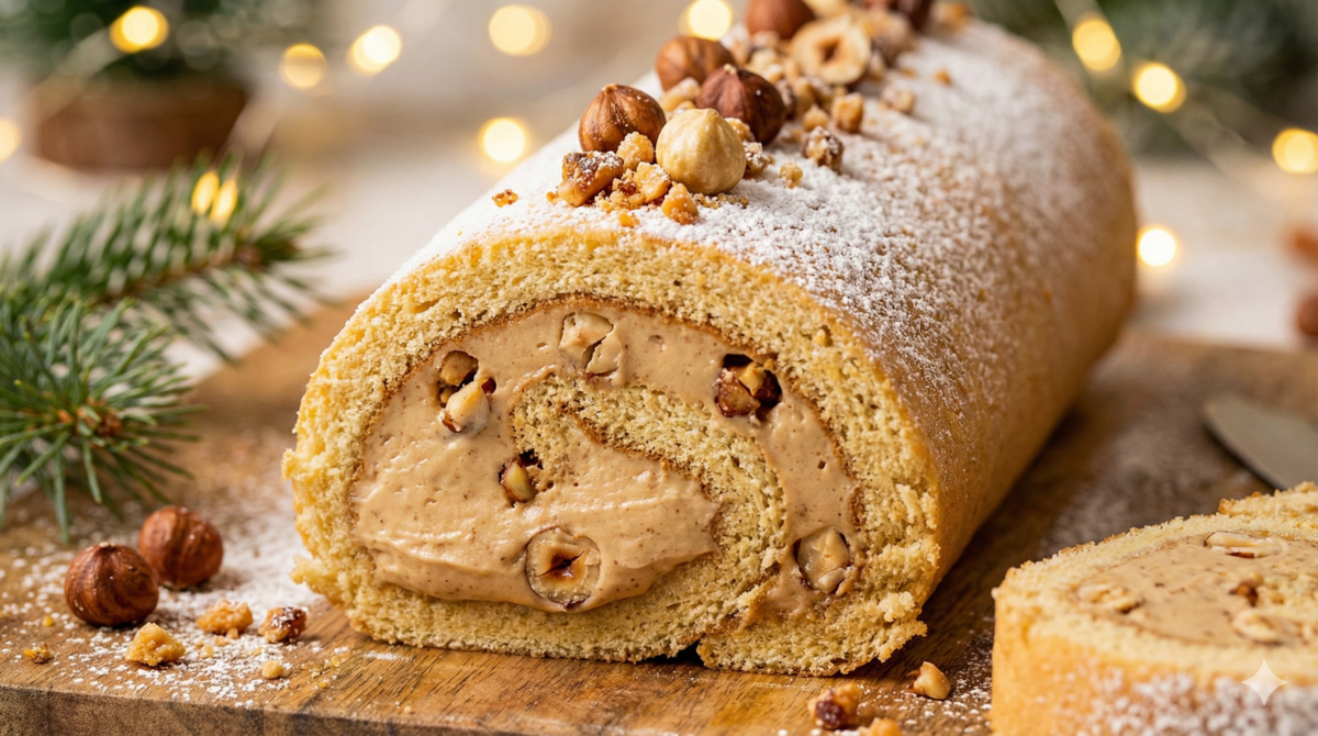 Le dessert de Noël qui fait un carton : bûche roulée praliné, mousseline, noisettes croustillantes